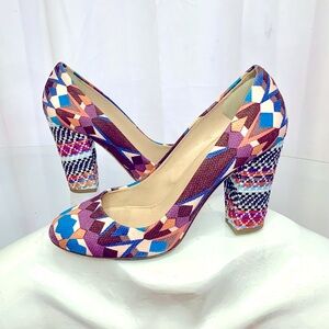 J. Crew colorful geometric chunky statement heels. Size 7